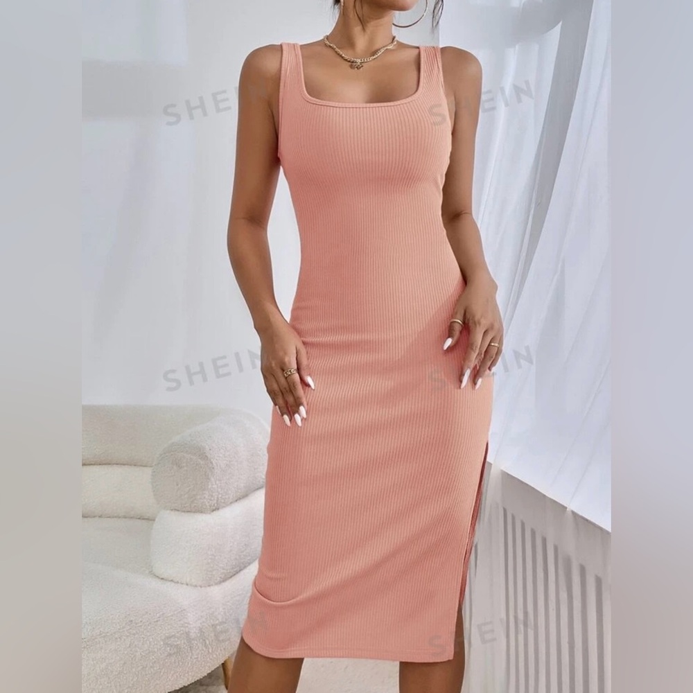 New Pink Ribbed Knit Slit Dress